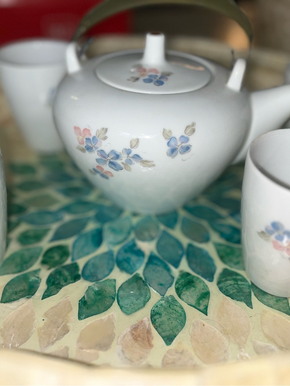 Noritake Ceramic Floral Teapot Set in White with Blue and Pink four teacups